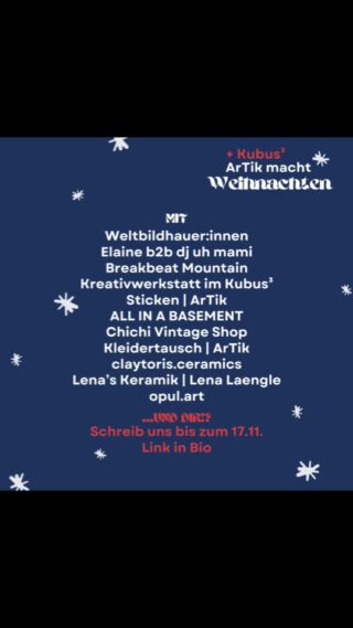 🎄ArTik und Kubus³ machen Weihnachten 🎄
Soli-Weihnachtsmarkt mit Kunsthandwerk, Kreativangeboten, Köstlichkeiten & Musik

1.12.2024
14–22 Uhr

ArTik ZeitRaum, Hof & Kubus³
Haslacher Str. 43
79115 Freiburg

Eintritt frei

🌟 “ArTik und Kubus³ machen Weihnachten” ist ein unkommerzieller Gegenentwurf zu teuren und konsumorientierten Weihnachtsmärkten ohne Seele. Hier treffen Kreativität und Solidarität aufeinander 🎨🤍 und es gibt neben Weihnachtsmarkt-Standards wie Glühwein und duftenden Köstlichkeiten jede Menge kostenlose Angebote: Kleidertausch, DIYs und Kreatives, ein Konzert der Weltbildhauer:innen, einen Glühweinrave 🍷🥳 mit lokalen DJs und natürlich lokale 🤝 Künstler*innen, Initiativen und Vereine, bei denen ihr garantiert liebevoll Gestaltetes zum Verschenken findet und die ihr gleichzeitig hier vor Ort unterstützen könnt.

Lasst uns gemeinsam feiern, kreativ sein und supporten! 🎊

✨🎁 Wir freuen uns auf euch! 🎁✨

MIT DABEI
@allinabasement
@artikfreiburg
@breakbeat_mountain
@chichi_vintage_shop
@claytoris.ceramics
@eli.phia__
@gesichter_gegen_rechts_fr
@kubusdrei
@lenas.keramik
@opul.art
@simba.wraps
@veraxelaine
@weltbildhauerinnen

…UND DU!? Schreib uns bis zum 17.11., wenn du auch dabei sein möchtest. Weitere Infos und ein Anmeldeformular findest du in der Bio.

Barrieren:
Alle Räumlichkeiten sind ebenerdig und berollbar. Der ZeitRaum befindet sich im Erdgeschoss und ist durch drei nicht-elektrische Türen berollbar. Es gibt Zugang zu einer berollbaren Toilette. Diese liegt im Freizeichen des ArTik Freiburg und ist über einen kurzen Weg über den Hof (leichtes Gefälle) und dann über eine Rampe und eine nicht-elektrische Tür erreichbar.

Der Innenraum ist rauchfrei und kann gelüftet werden. Wir achten auf einen großzügigen Abstand zwischen den Ständen im Innenraum.

Die musikalischen Beiträge sind akustisch verstärkt.

Assistenzpersonen dürfen gern mitgebracht werden. 

Es gibt Getränke mit und ohne Alkohol. Alle Essensangebote sind vegetarisch oder vegan.

Es könnte sehr voll werden – Pausen- und Rückzugsräume gibt es voraussichtlich nicht.

Für weitere Fragen oder Unterstützung schreibt bitte Sophie: sophie [at] artik-freiburg [punkt] de